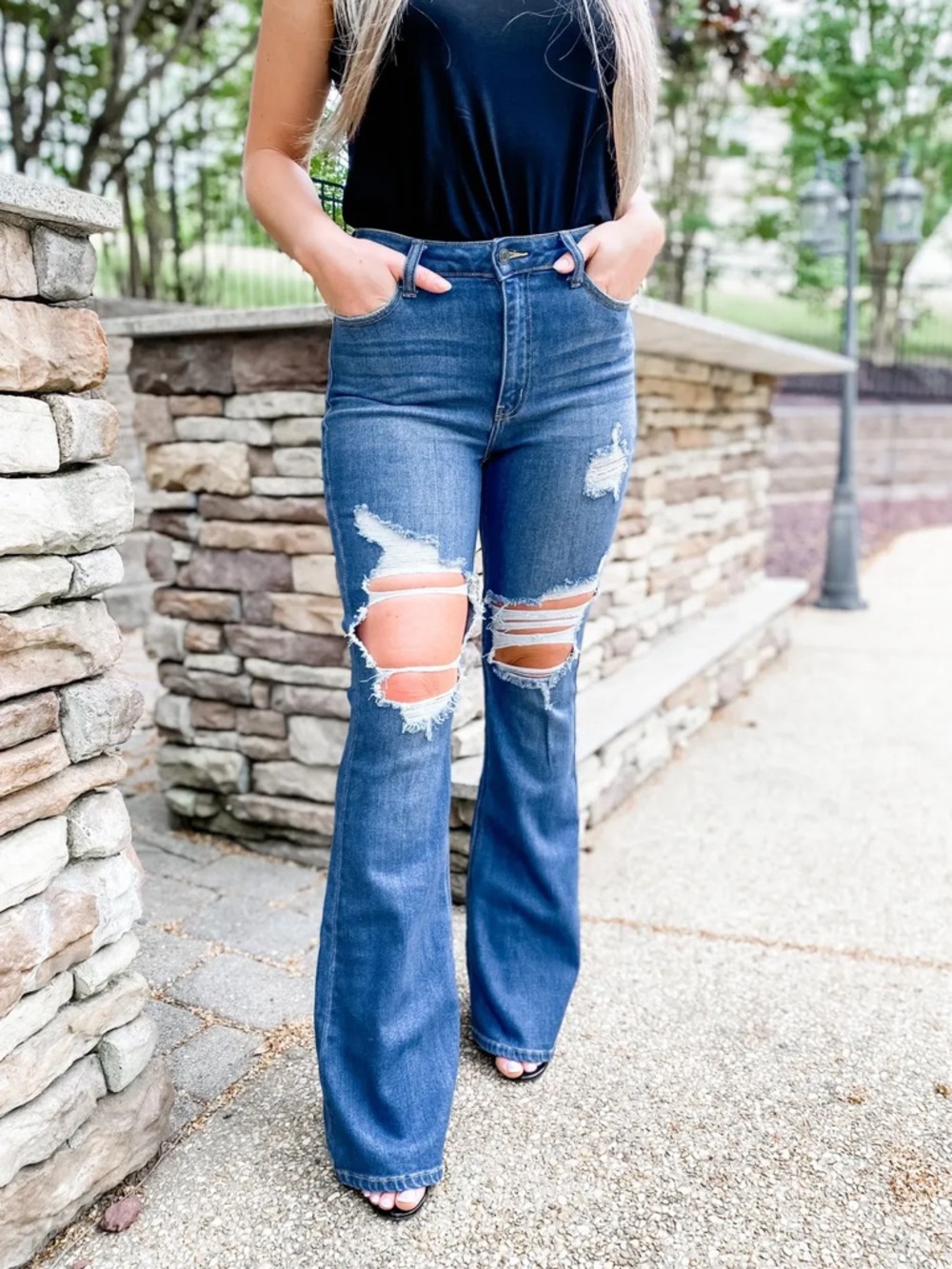 Cello Distressed High-Rise Super Flare Jeans | Medium Wash
